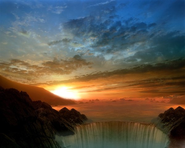 Горы водопад солнце