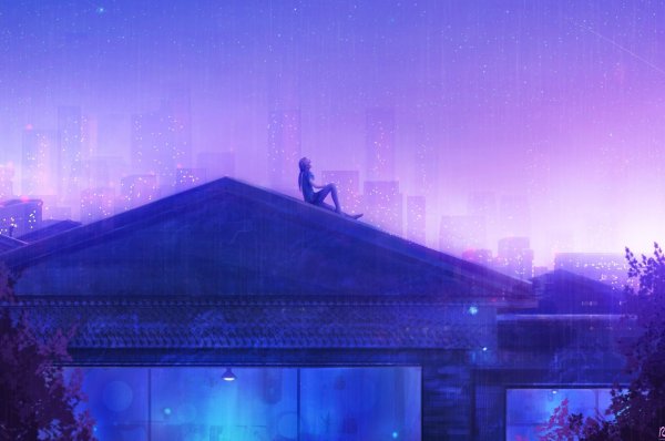 Крыша здания ночью аниме