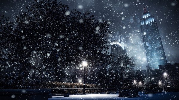 Снегопад ночью в городе