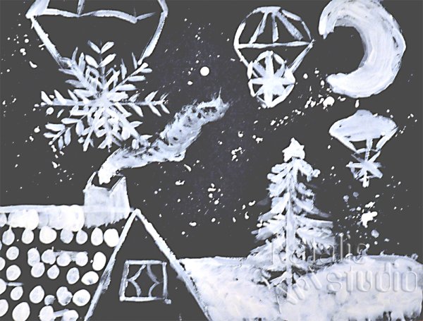 Рисование белой гуашью на тёмном фоне зима