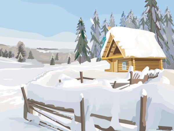 Деревня зимой мультяшная