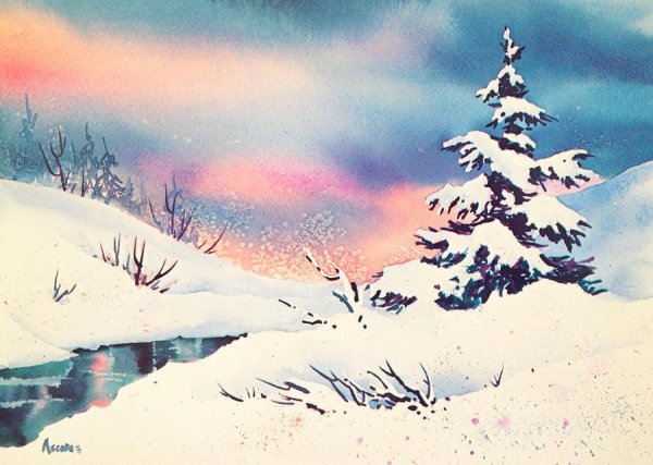 Рисование зимних пейзажи акварелью