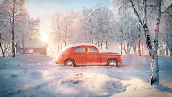 Машины на фоне зимнего пейзажа