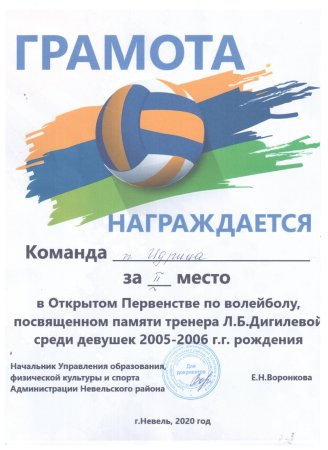 Грамота по волейболу образец