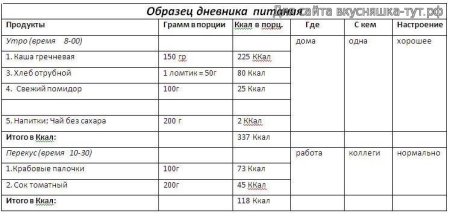 Пример дневника питания для похудения