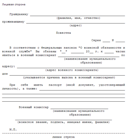 Форма повестки в военкомат