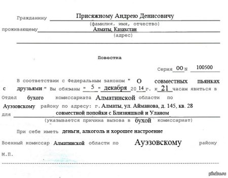 Бланк повестки в военкомат заполненный