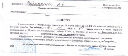 Повестка образец