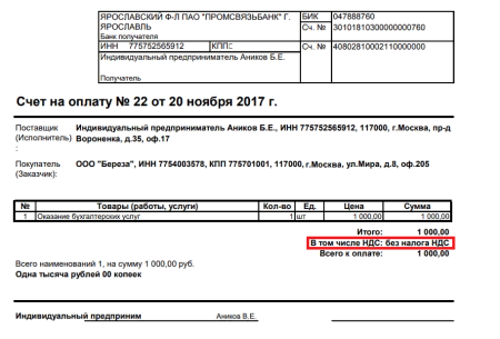 Счет на оплату ИП образец заполнения