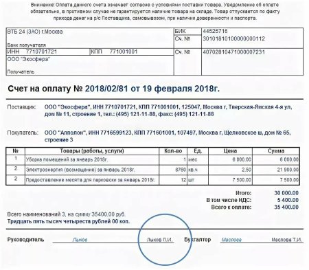 Счет на оплату ИП образец заполнения