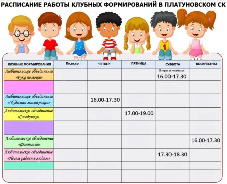 Расписание занятий клубных формирований