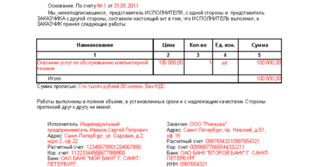 Акт выполненных работ пример заполнения