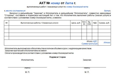 Акт о приемке выполненных работ оказанных услуг в 1с