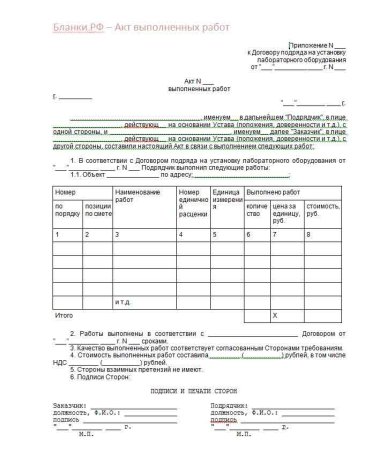 Образец Бланка о выполненных работах