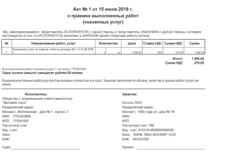 Как заполнить акт выполненных работ образец