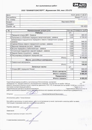 Акт выполненных работ автосервис образец