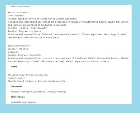 Curriculum vitae пример на английском