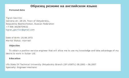 Пример CV на английском