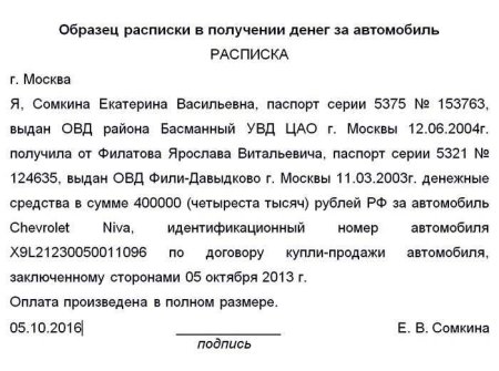 Форма расписки в получении денежных средств за автомобиль
