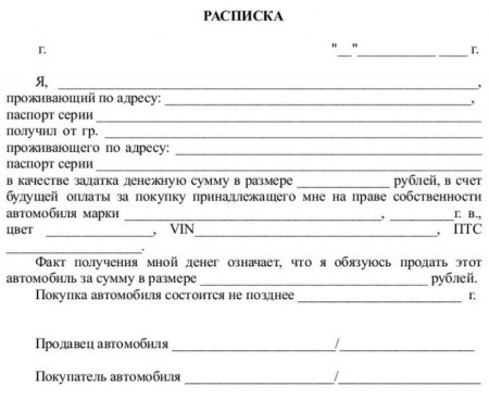 Форма расписки о получении денег за автомобиль за продажу автомобиля