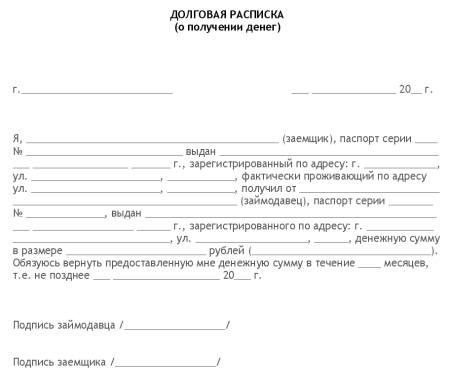 Образец расписка о получении денежных средств образец