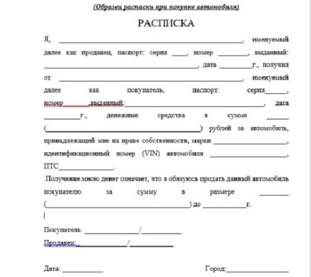 Расписка о получении денежных средств на автомобиль