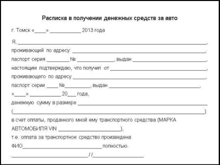 Пример расписки в получении денежных средств за автомобиль