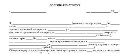 Форма долговой расписки о займе денег между физическими лицами