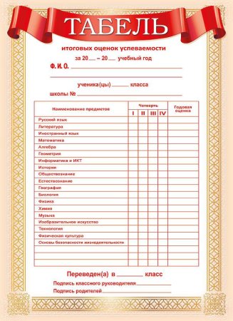 Табель успеваемости ученика бланк 9 класс