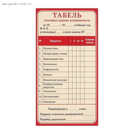 Табель успеваемости ученика за 1 четверть