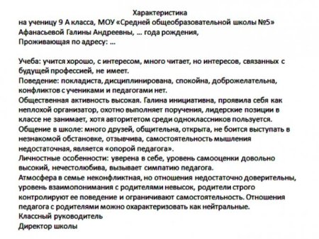 Шаблон характеристики на обучающегося школы