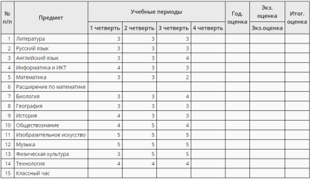 Лист для портфолио табель успеваемости 2- 4 классы
