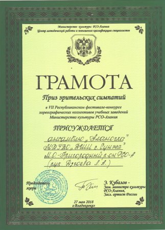 Грамота приз зрительских симпатий