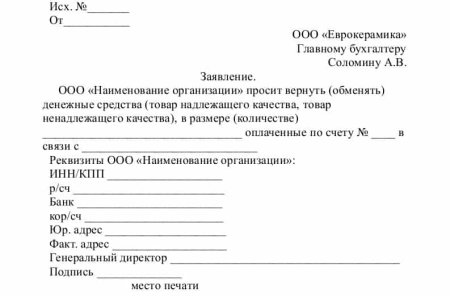 Заявление на возврат денежных средств по расчетному счету