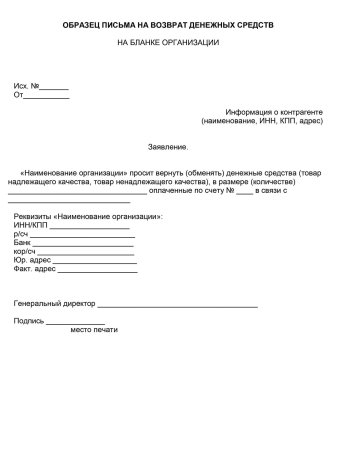 Форма письмо о возврате денежных средств образец