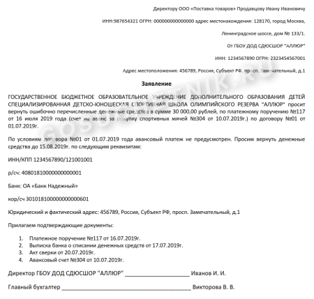 Письмо на возврат излишне перечисленных денежных средств образец ИП