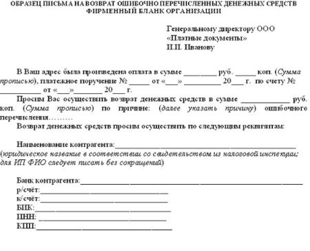 Письмо на возмещение денежных средств образец