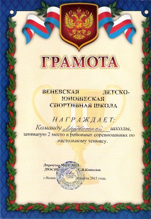 Диплом по настольному теннису