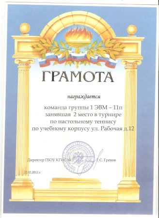 Грамота настольный теннис