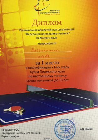 Сертификат настольный теннис
