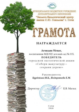 Диплом за участие в сборе макулатуры