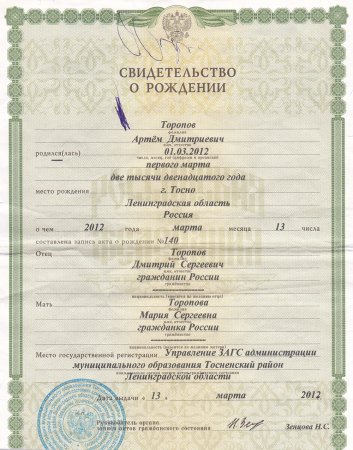 Свидетельство о рождении ребенка 2009 года