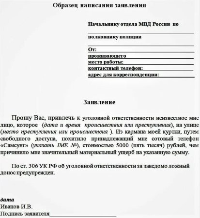 Пример как писать заявление в полицию