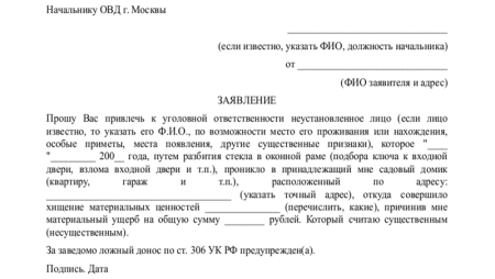 Образец написания заявления в полицию