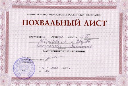Похвальный лист за успехи в учении