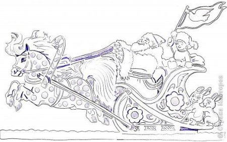 Вытынанка тройка лошадей с дедом Морозом