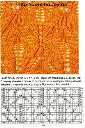 Узор листья спицами схема при круговом вязании