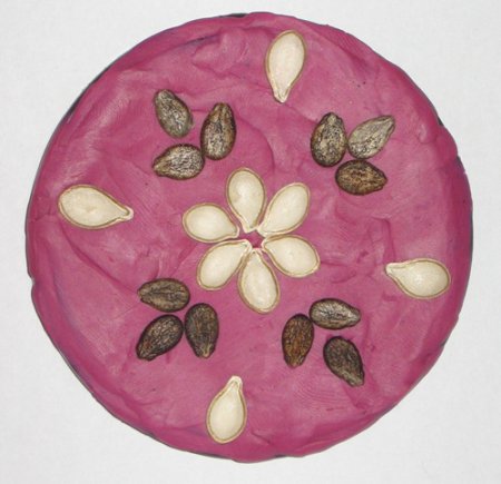 Узоры из семян на пластилине