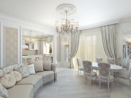 Кухня гостиная в классическом стиле в светлых тонах