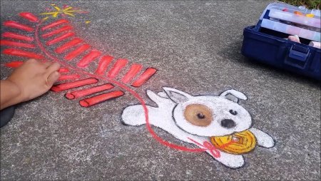 Собака мелками на асфальте
